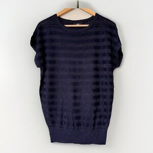 Women's Top Small Wallis Navy Blue Short Sleeve Striped Metallic Knit Oversized